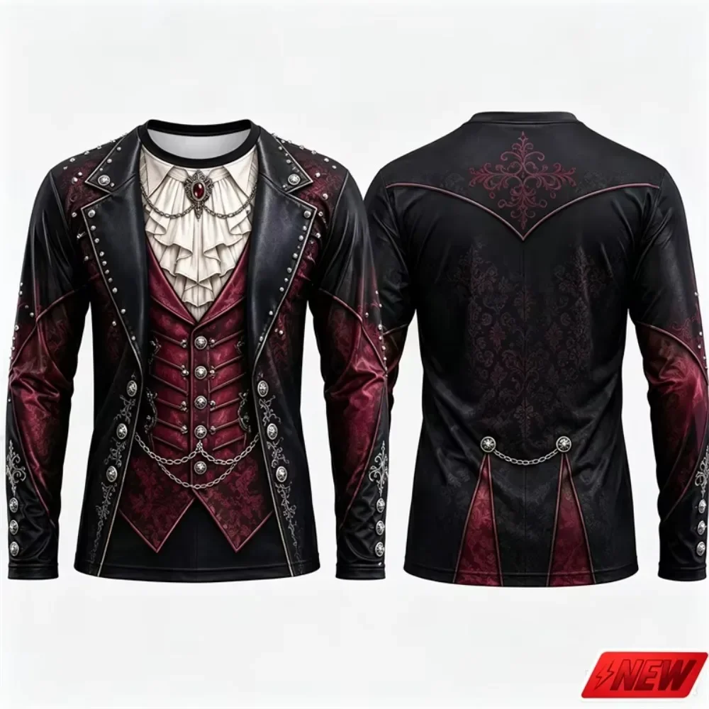 Men Women Gothic Steampunk 3D Print Long Sleeve T Shirt, Victorian Fake Suit Jacket &Corset Graphic Halloween Cosplay Party Tops