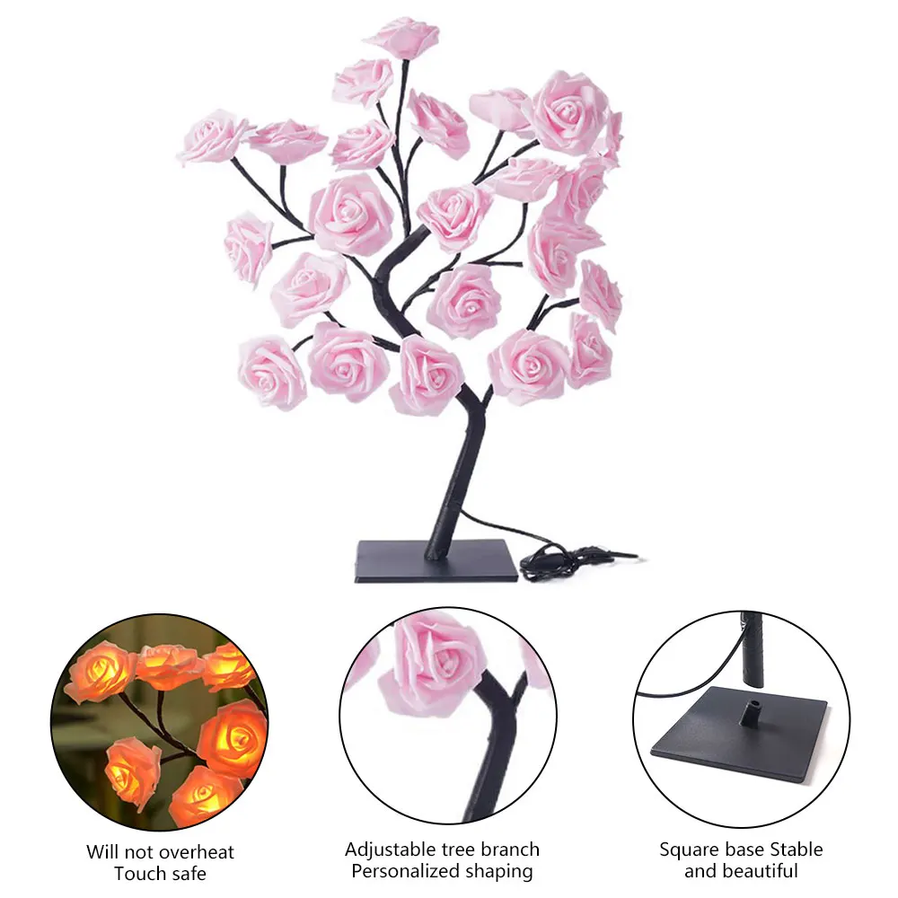 24 LED Rose Flower Tree Table Lamp USB Novelty Desk Lamp Soft Light Rose Fairy Light for Christmas Wedding Bedroom Decoration