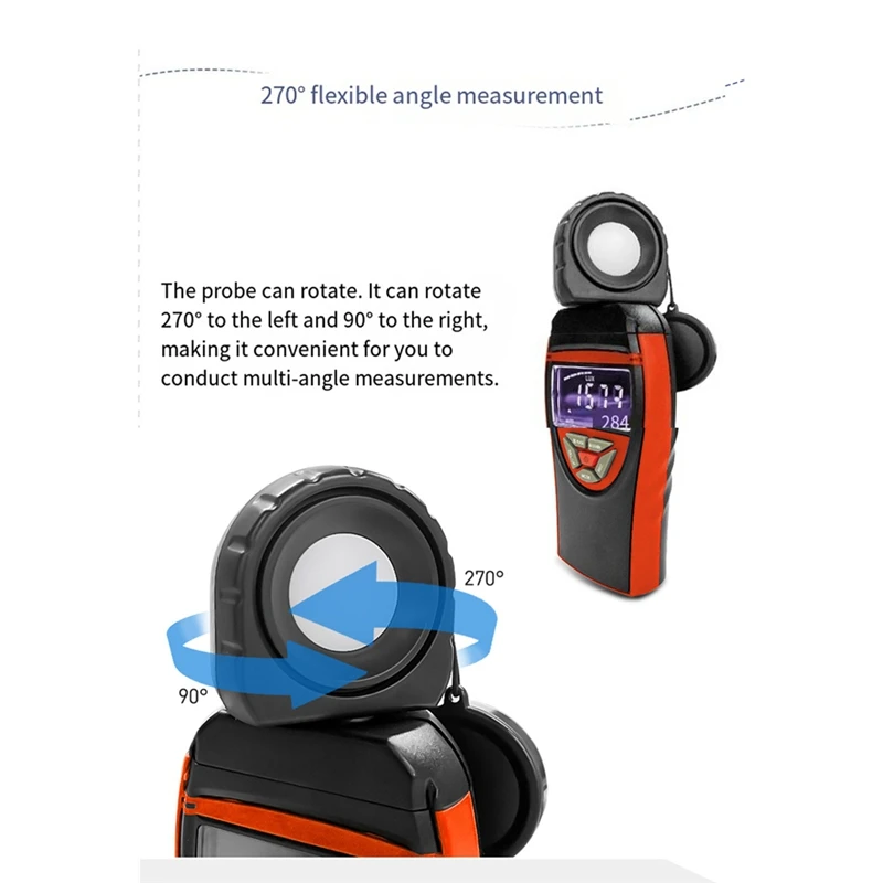 Light Meter, Digital Lux Meter 270° Rotatable Detector, Large Color Backlit Display, Illuminance Meter Temp-A50M