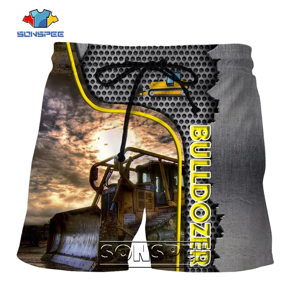 SONSPEE Car Tractor Punk 3D Printing Bulldozer Shorts Men Women's Street Sportwear Personality Oversized Beach Short Pants