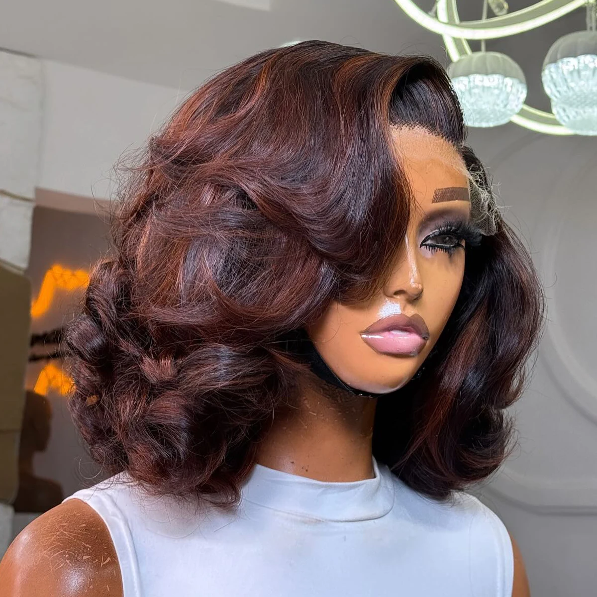 Perruques de cheveux humains de couleur brun chocolat bouclées rebondissantes de densité 400 360 HD dentelle frontale prête à emporter sans colle pré-épilée 18 pouces perruque