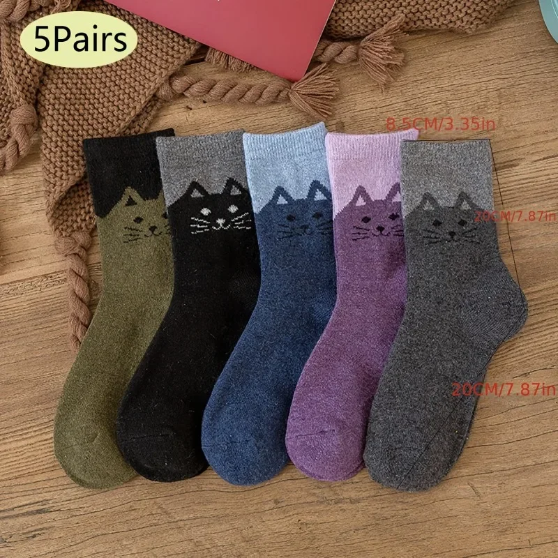 5-Pair Cartoon Cat Pattern Medium Socks for Women in Autumn and Winter Thick Warm Retro Color Casual Women Socks