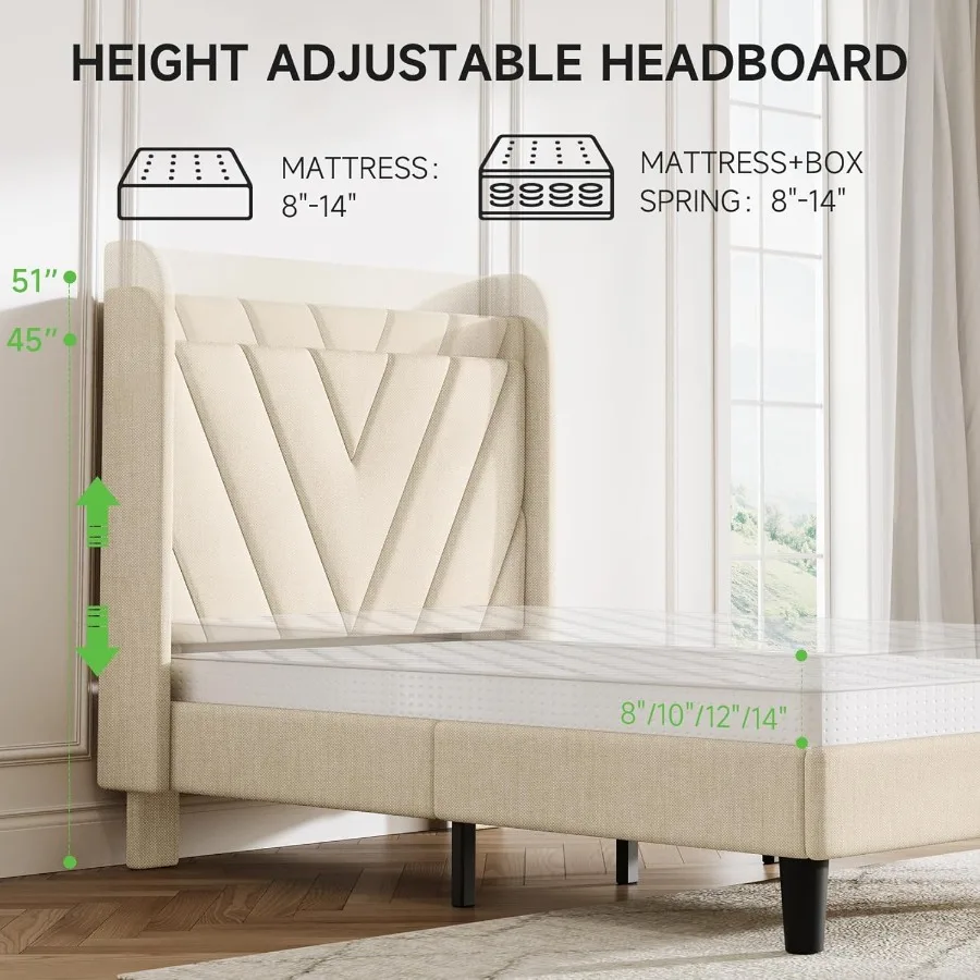 إطار سرير مزدوج الحجم مع لوح أمامي وإطار سرير منجد قابل للتعديل مع منافذ TypeCUSB للوح الأمامي للتخزين Wingback #6