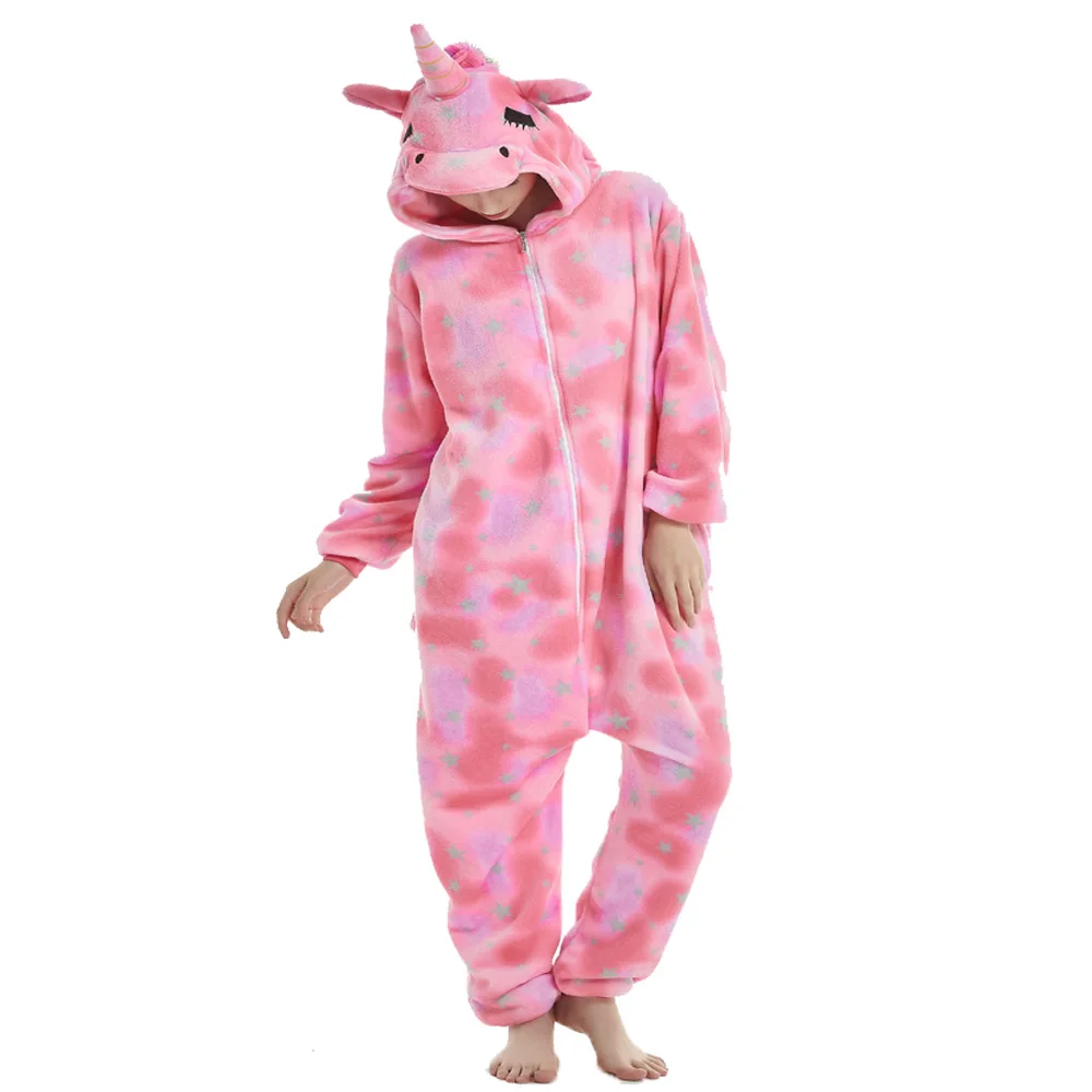 Pink Sleep Jumpsuit Woman Onesie Adults Pyjama Animal Plush Winter Warm Hooded Kigurumi Unicorn Pajamas Star Print Christmas Pjs