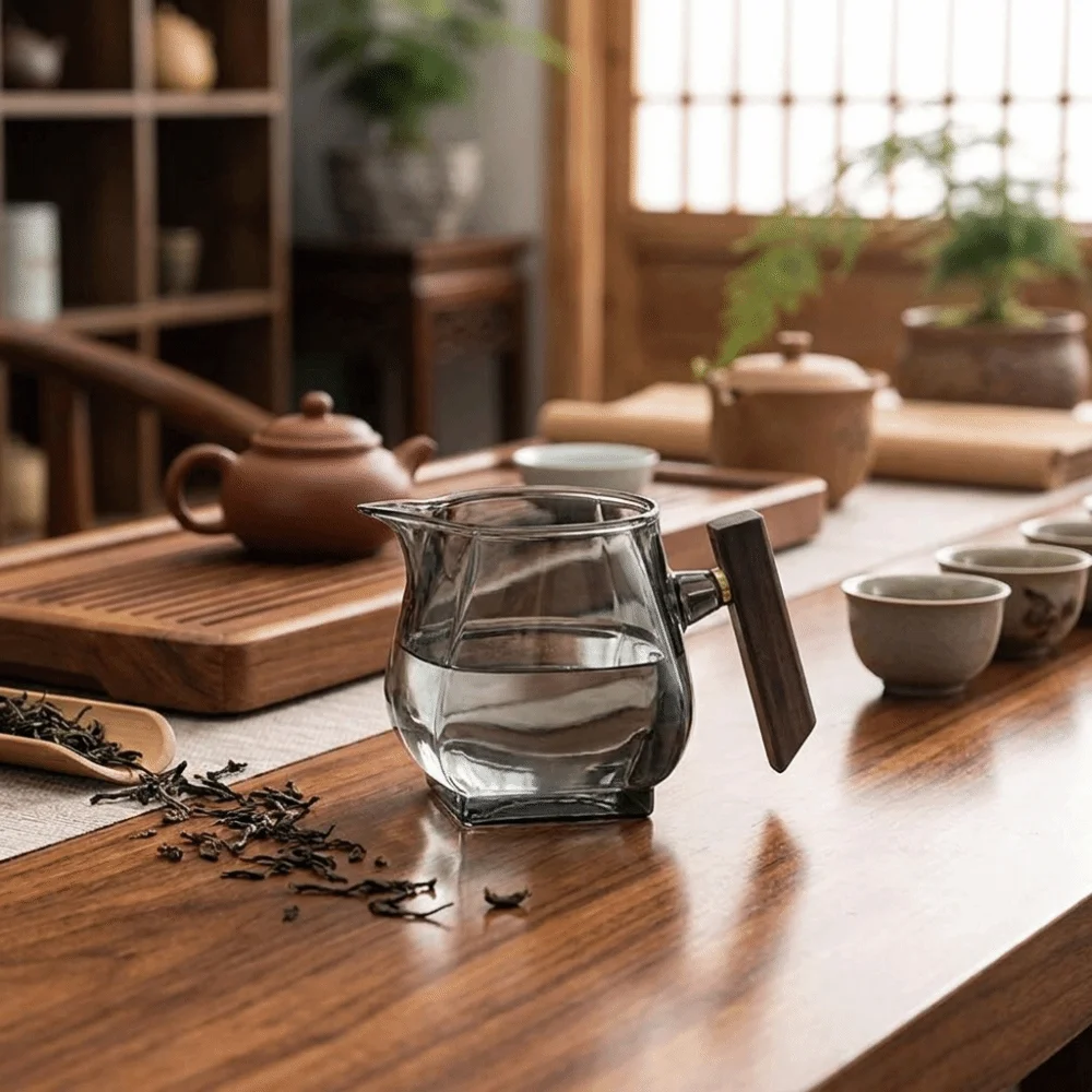 Kung Fu Tea Set Wooden Handle Glass Tea Dispenser Thick Heat-Resistant Water Pitcher Clear 400ml Four-sided Fair Cup Living Room