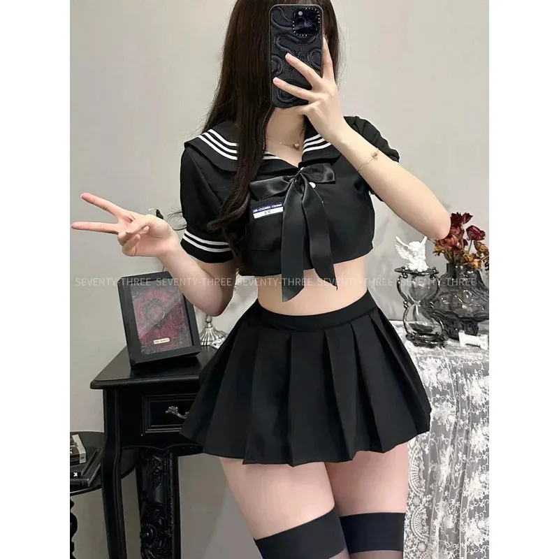 NewJapanese Anime School Girl Cosplay estudiante marinero JK uniforme falda conjuntos dulce manga corta Crop Tops azul marino conjunto de lencería Dropsh