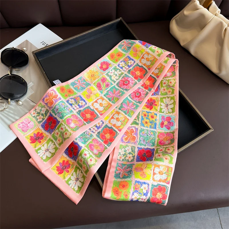 Summer Fashion Skinny Silk Scarf 145x12cm Satin Bag Ribbon Neck Foulard For Female Flower Print Hair Neckerchief Women Headband - view 4