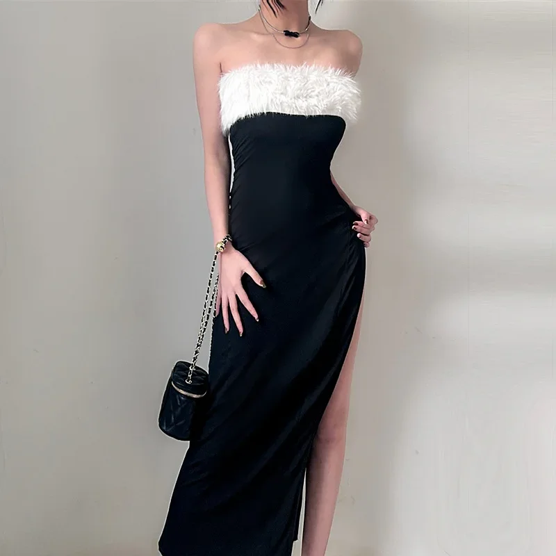 

Women's Models Fairy Spring Summer Dress A Collar Breastplate Color Collision High Waist Split Plush Sexy Pure Color Casual Soft