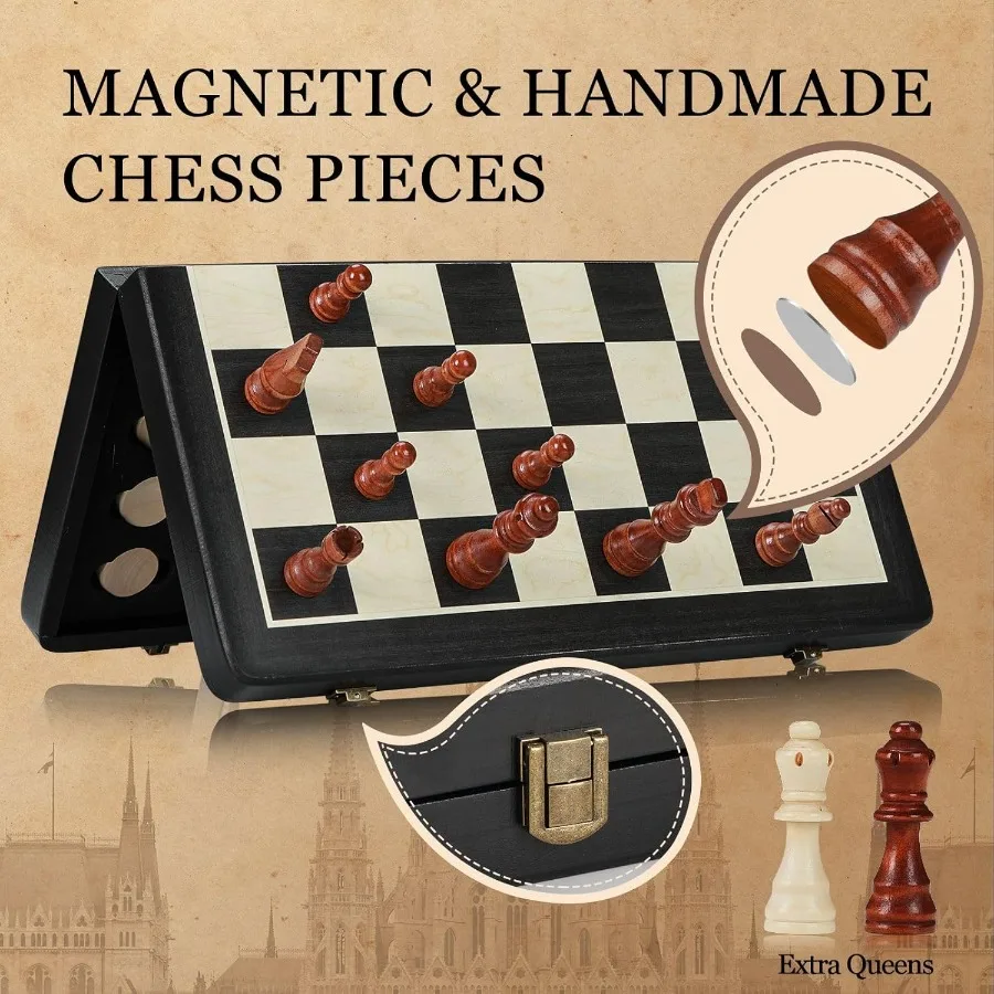 16 مجموعة شطرنج خشبية 2 في 1 مجموعة لعبة الداما الشطرنج المغناطيسية القابلة للطي مع ألعاب لوحة الشطرنج المحمولة للسفر هدية للبالغين I