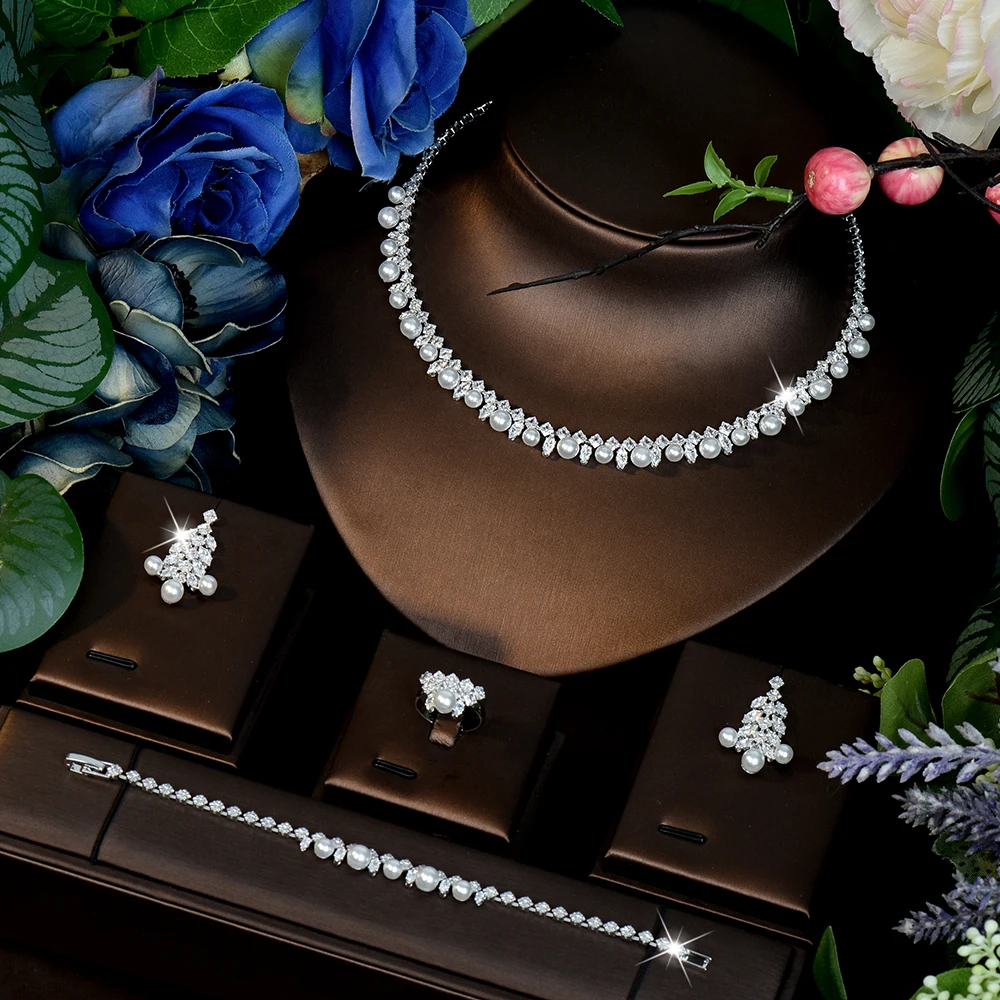 HIBRIDE Popular New Luxury Sparkling Zircon Pearl Necklace Earrings Everyday Women's Jewelry Wedding Bridal Travel Gift S-1237