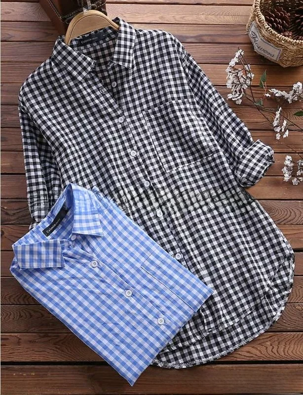 

Женская винтажная рубашка из хлопка в клетку с отложным воротником, длинными рукавами, приталенного кроя, из тонкого материала, средней длины, тонкая модель