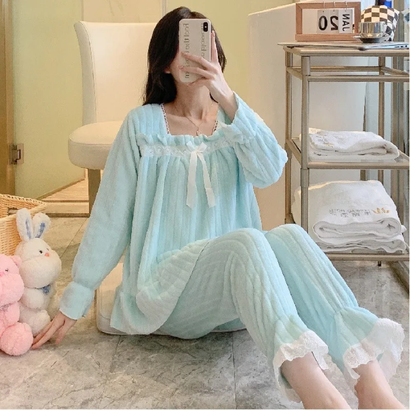 Flannel Women\'s Pajamas Sets Autumn Winter Sleepwear Bow Solid Velvet Pyjama Ladies Lace Pijama Mujer 2 Piece Pjs Warm Homewear