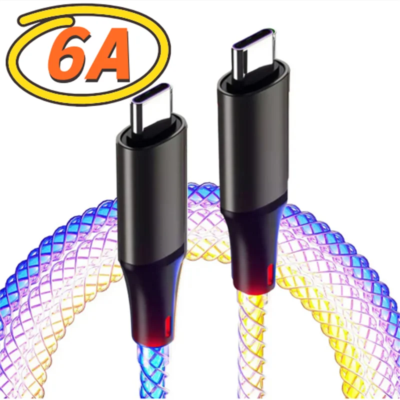 6A USB إلى نوع C كابل شحن 1 متر نوع C إلى نوع C التنفس مضيئة التدرج ضوء كابل بيانات آيفون هواوي سامسونج Xiaomi #2