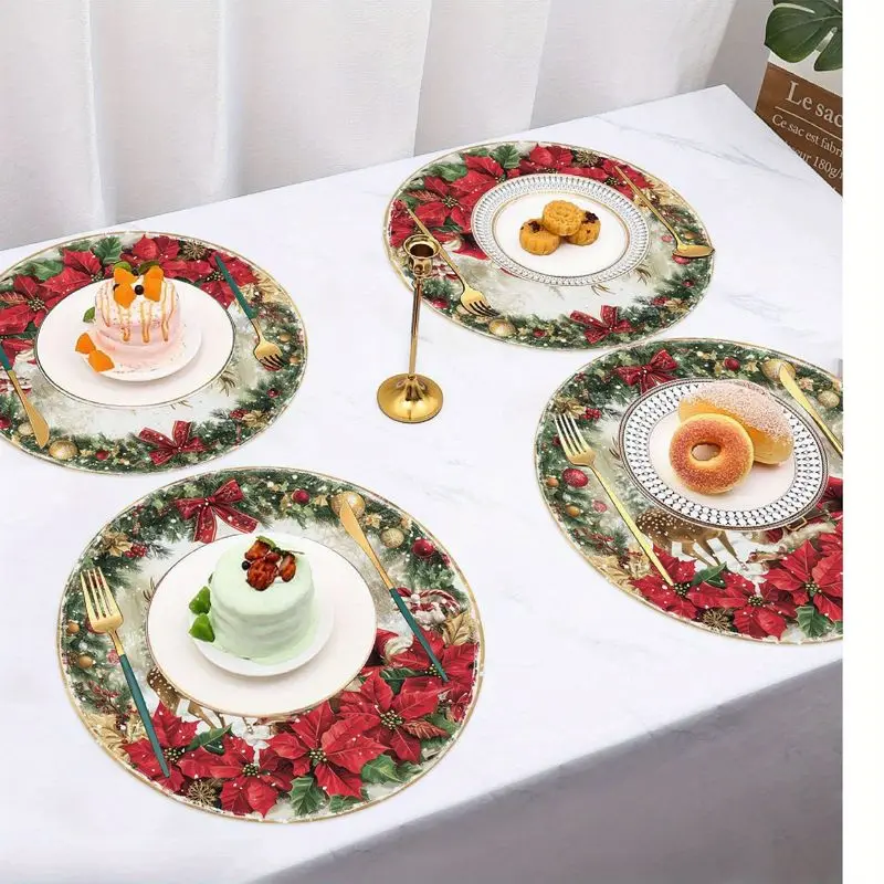 VIKAMA Christmas Placemat Santa Deer Poinsettia Linen Table Mat for Dining Kitchen Table Setting Decor