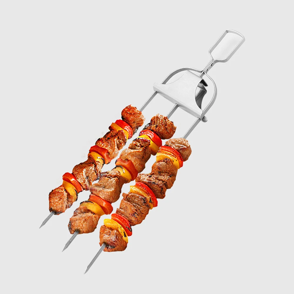 4PCS Stainless Steel Barbecue Fork BBQ Fork Practical Grilling Skewers for Meat Shrimp Kitchen Tools with Push Rod Sliders