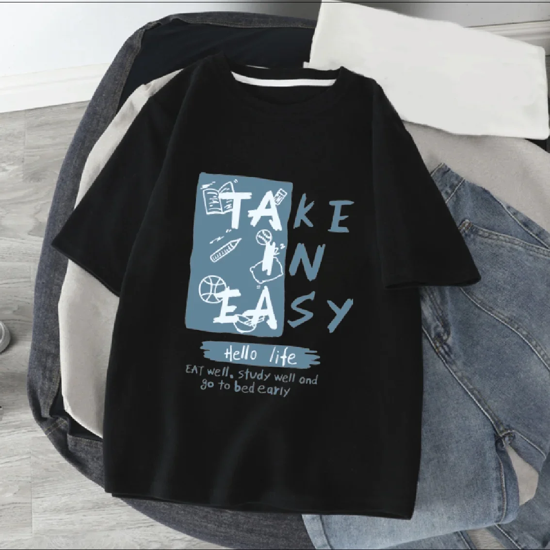 100% Cotton Thickened T-shirt Paired with Fashionable Printed Men's and Women's t shirts, Summer Casual and Comfortable T-shirts