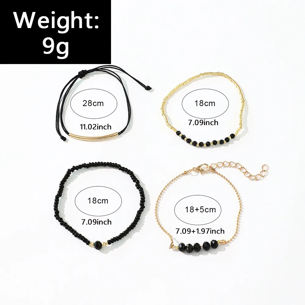 4Pcs Fashion Black Glass Stone Bracelets Set For Women Boho Handmade Beads Chain Bangle Female Boho Jewelry Accessories