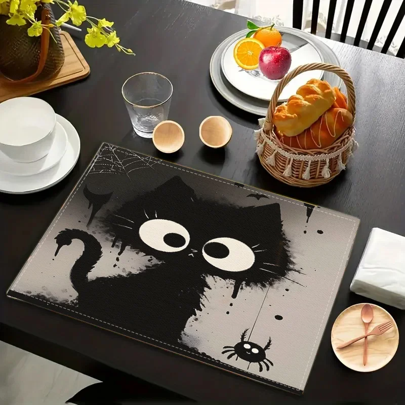 VIKAMA Ink Style Black Cat Halloween Placemat Spider Web Print Linen Table Mat Cute Spooky Dining Table Decor Pad