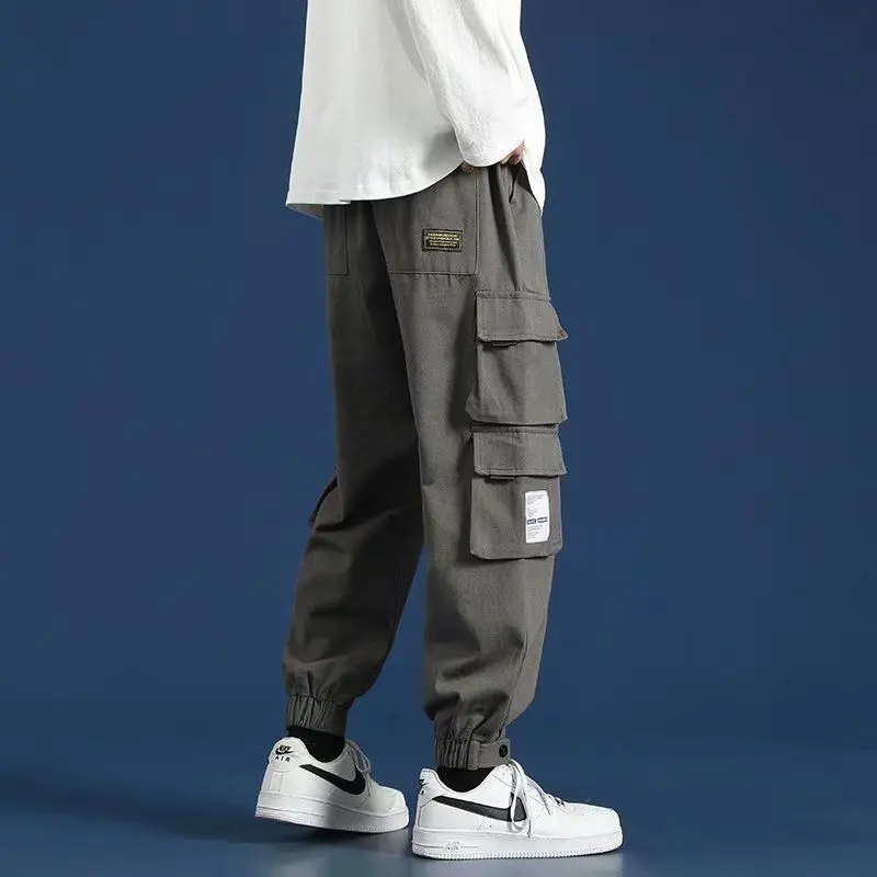 Men's Clothing Spring Autumn Solid Color Pockets Elastic High Waisted Casual Fashion Retro All-match Trousers Cargo Pants