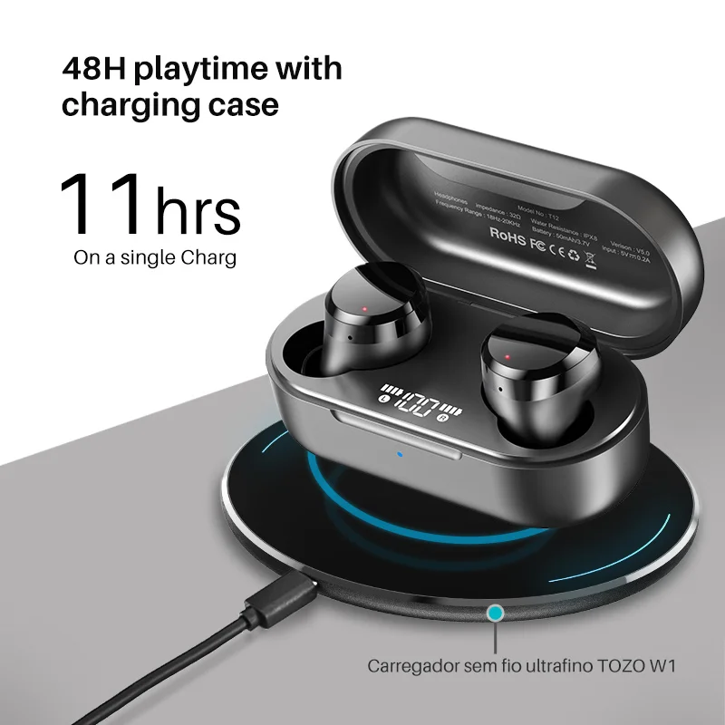 TOZO T12 Bluetooth Earphones ,Wireless Earbuds With Premium Sound Smart Touch , LED Digital Display , 48H Play For Sports