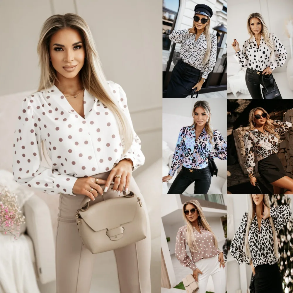 Elegant Autumn V-neck Shirt Women's Clothing Dot Leopard Office Lady Blouse Fall Tops Блуза Женская Blouses Рубашки Оверсайз