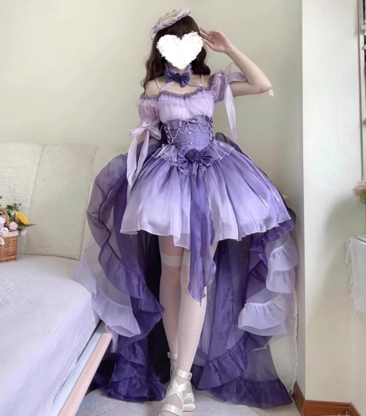 الحلو لطيف الأرجواني طويل زائدة فستان جنية سليم صالح قصيرة لوليتا الرسن فستان الزفاف للنساء الصيف زهرة فستان الزفاف #2