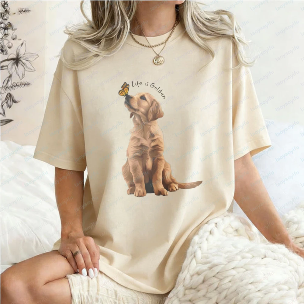 Camiseta de algodón Life Is Golden Golden Retriever para mujer, camiseta con gráfico de perro y mariposa, regalo para mamá de perro, Ropa Vintage de moda para Mujer