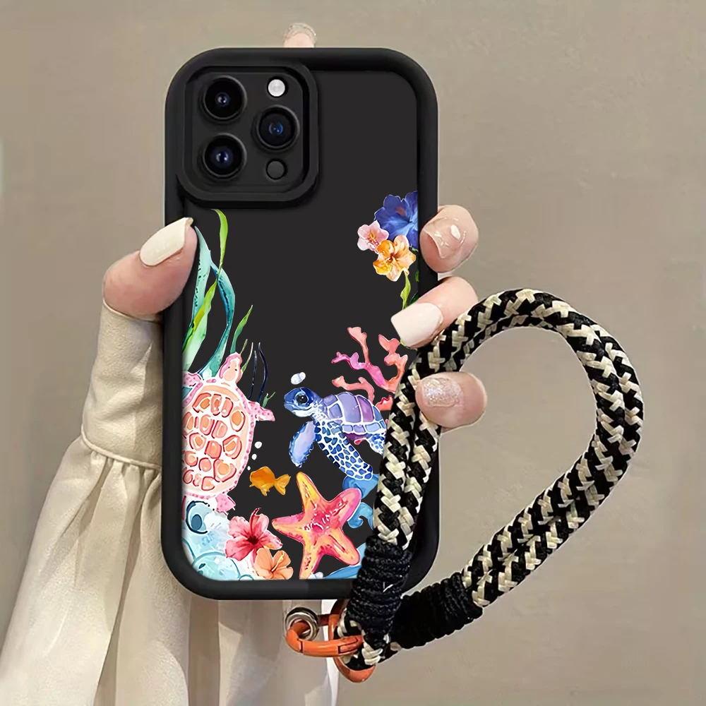 Aquarell-Schildkröten-Handyhülle mit Trageriemen für iPhone 12 13 14 15 16 17 Pro Max 15 14 13 Plus 17 E Stoßfeste Matte Silikonhülle – Detail 3