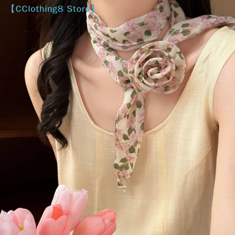 

1Pcs Floral Chiffon Scarf With Rose Decor Sweet Neck Scarf For Women Casual Dress Shirt Accessory【AliS8】