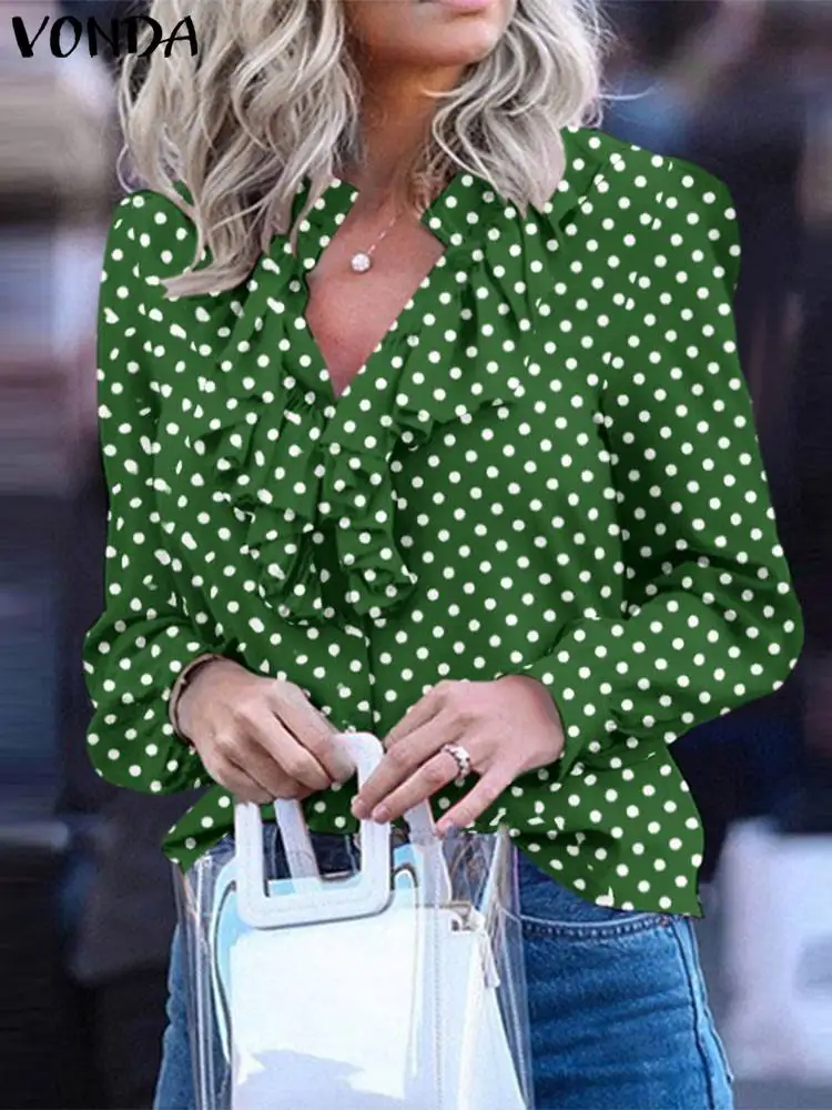 VONDA Plus Size 5XL Women Fashion Long Sleeve Shirts 2024 Polka Dot Ruffle Blouse Elegant Stand Up Collar Shirt Printed Tops