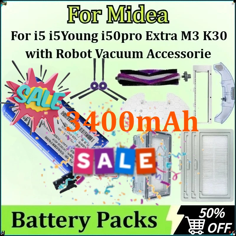 

With Dust Bin Roller Brush Side Brushes Filter Accessories for Midea I5Extra I5 Young I9 EYE I50Pro Robot Vacuum Battery 3400mAh