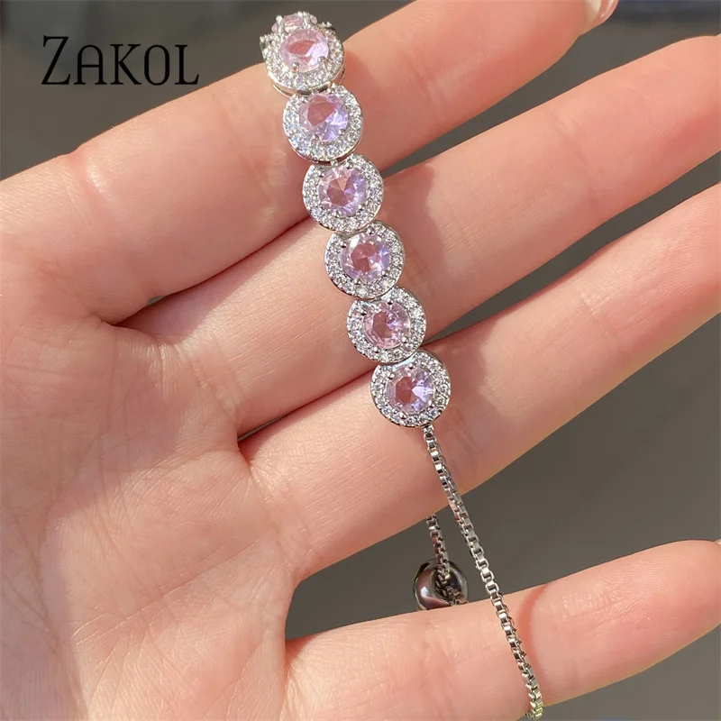 ZAKOL Fashion Pink Round Adjustable Bracelets for Women Green Crystal Cubic Zirconia Bracelet Wedding Party Jewelry BP2062