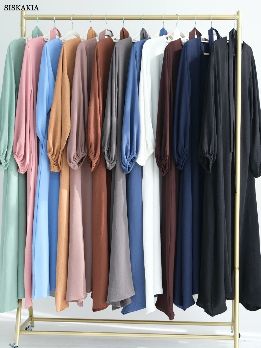 

Siskakia Muslim Elegant Bundled Sleeve Dress Belt included Dubai Solid Abaya Crew Neck Kaftan 2025