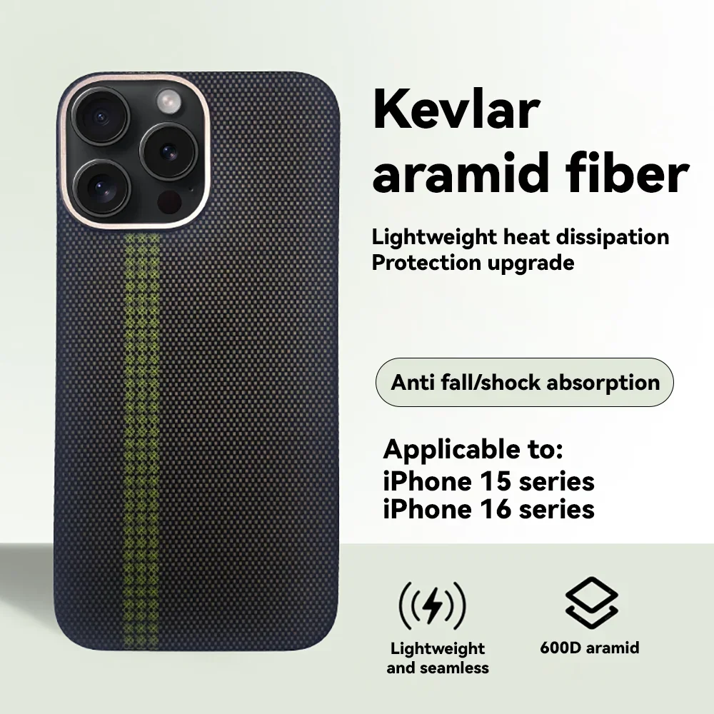 

100% High-quality Green Simple Stripes Light thin Kevlar Carbon Fiber Magnetic Mobile Phone Case For iphone 15 16 Pro Max