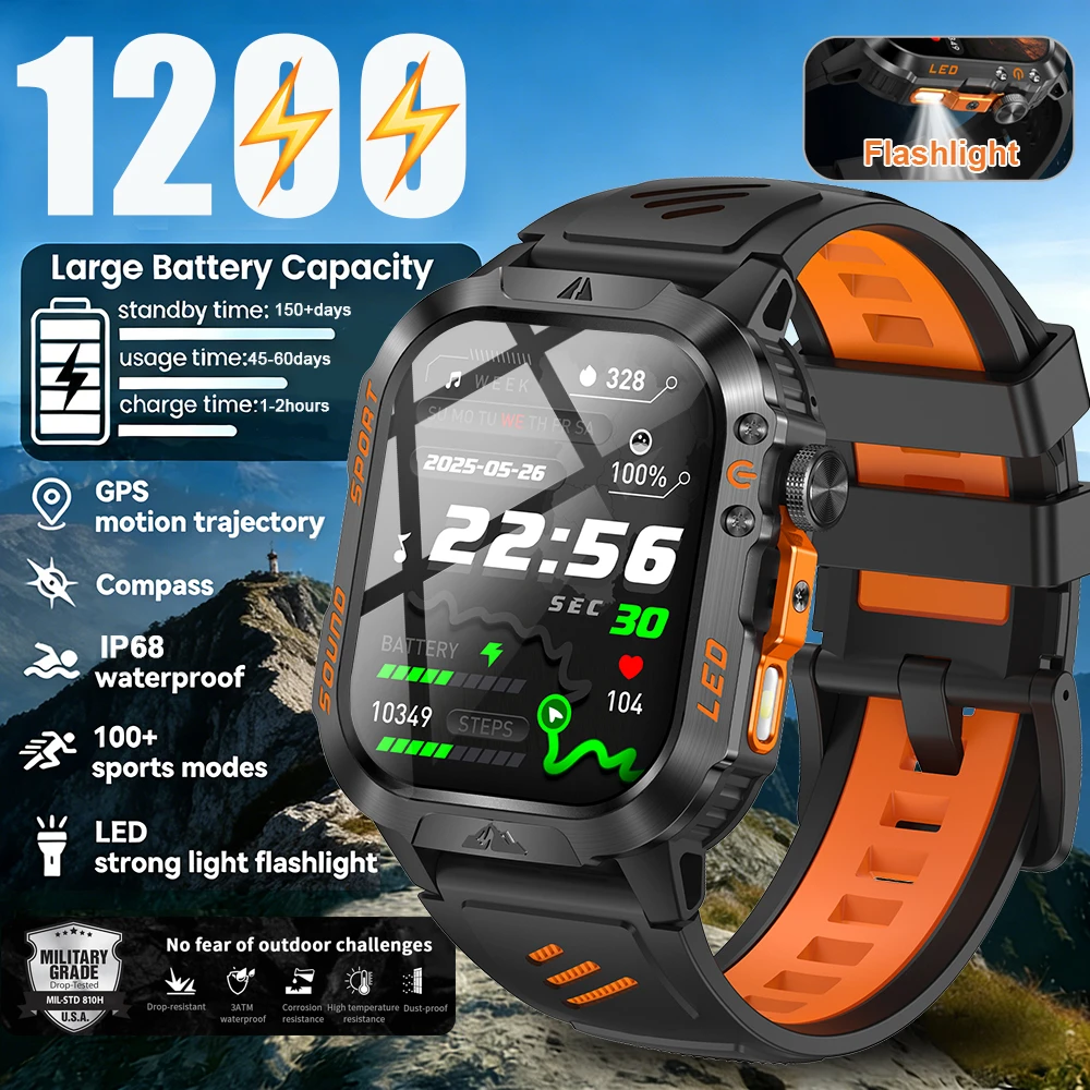 

2026 New Military Outdoor Smart Watch Men's 1200mAh Battery GPS Flashlight Bluetooth Call 2.01" AMOLED Screen Sports Smartwatch