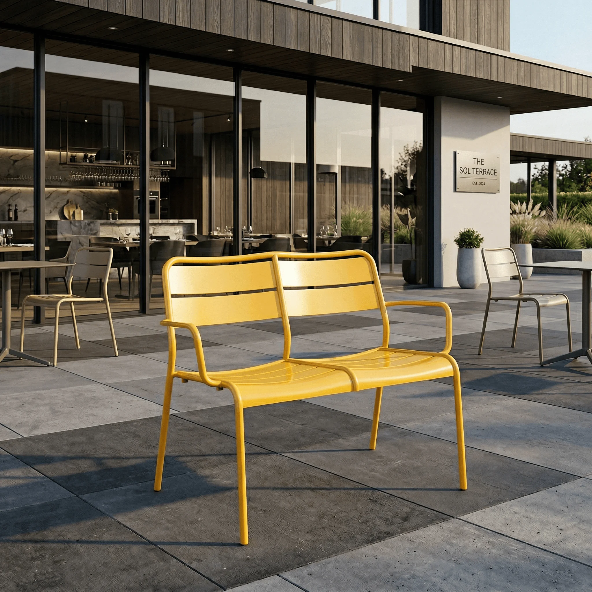 Outdoor Park Furniture Outdoor Aluminum Alloy Metal Bench Chair with Armrest, Support Multiple Specification Size Colour Custom