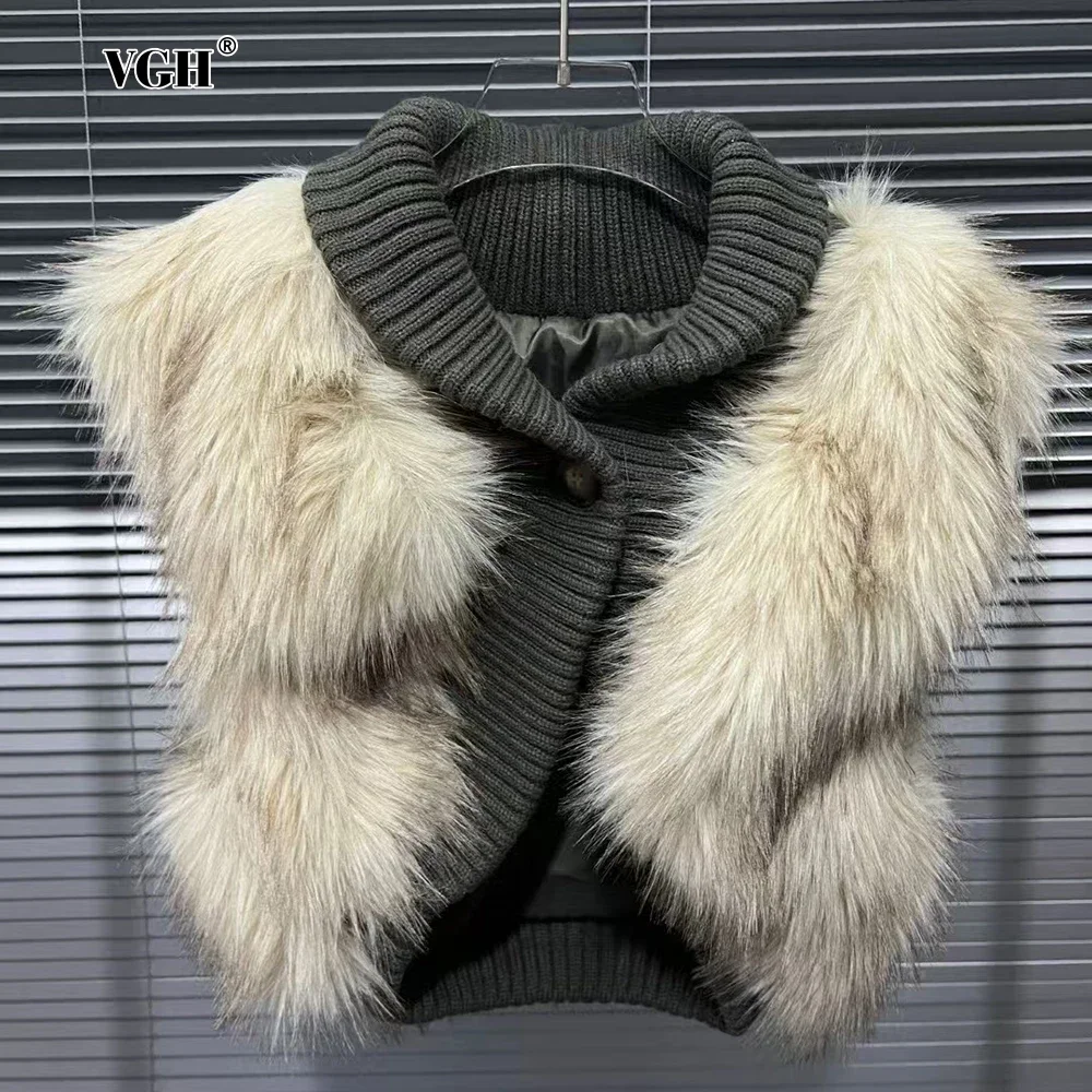 VGH Sexy Streetwear Tank Tops for Women V Neck Sleeveless Patchwork Fur Luxurious Vintage Style Short Top Female Winter Clothes