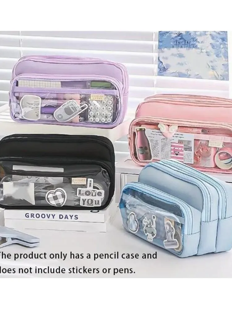Trousse à crayons Chic de couleur unie, pochette transparente simple coréenne pour stylos, sac de rangement de papeterie de grande capacité, fournitures scolaires