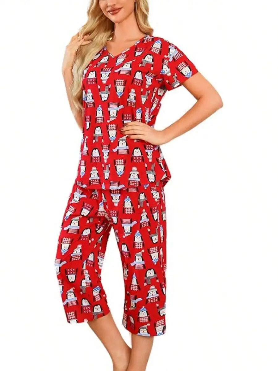 Womens Cotton Pajama Set With Short Sleeve Top And Capri Pants