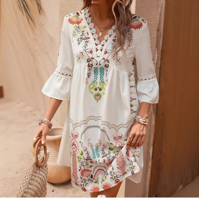 Fashion Women Loose Vintage Ruffles Befree Dress Sexy Summer Short Sleeve Lace Boho Casual Holiday Party Elegant Midi Dresses
