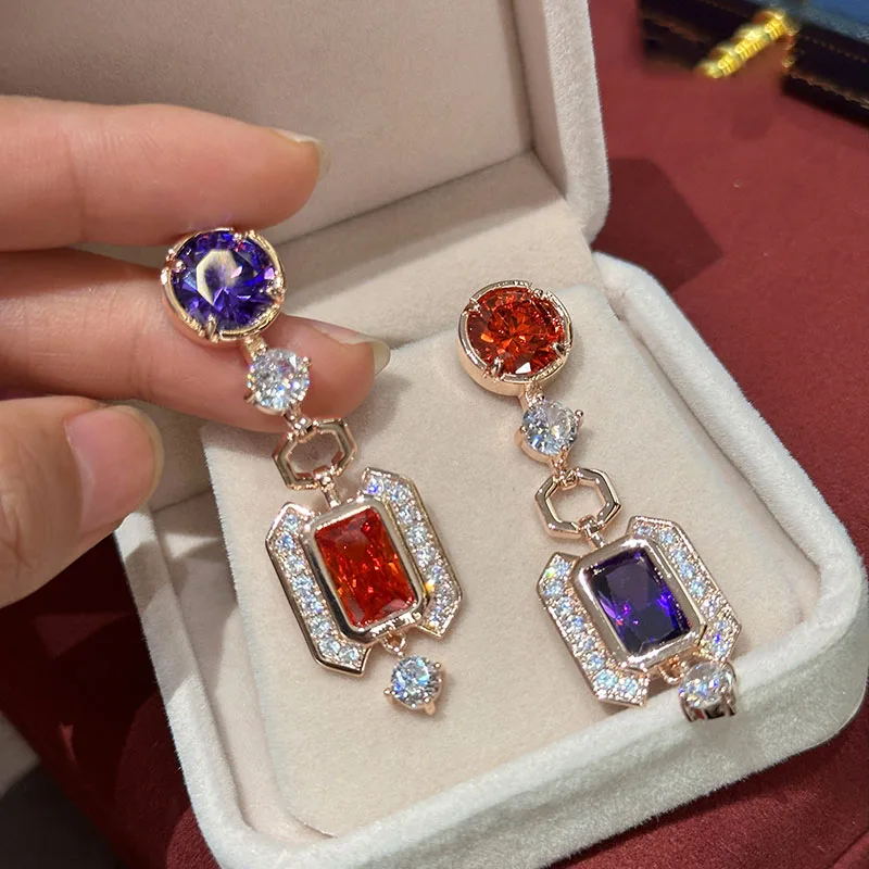 

Exaggerated coloured gems geometric earrings for women retro French court long square pendant evening party jewelry