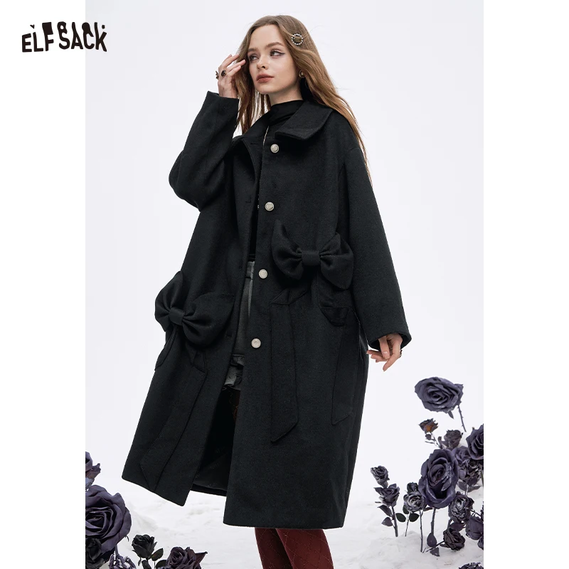 ELFSACK 2025 Winter New Arrivals Minimalist Loose Solid Bow Pocket Button Long Coat For Women