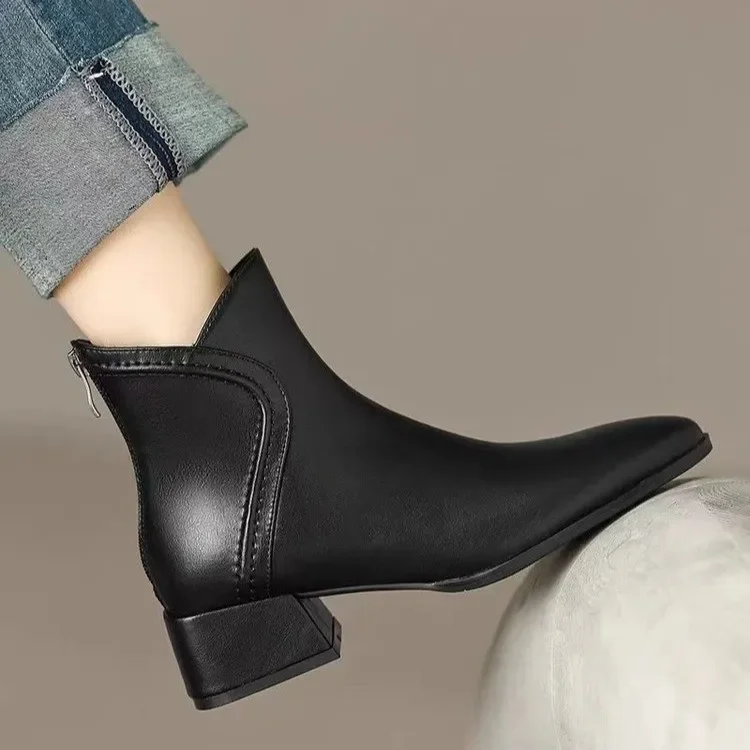 Autumn Boots Women Ankle Boots for Women Pointed Toe Chunky Heel Shoes Retro Zipper Short Boots Fashion Ankle Botas 2024