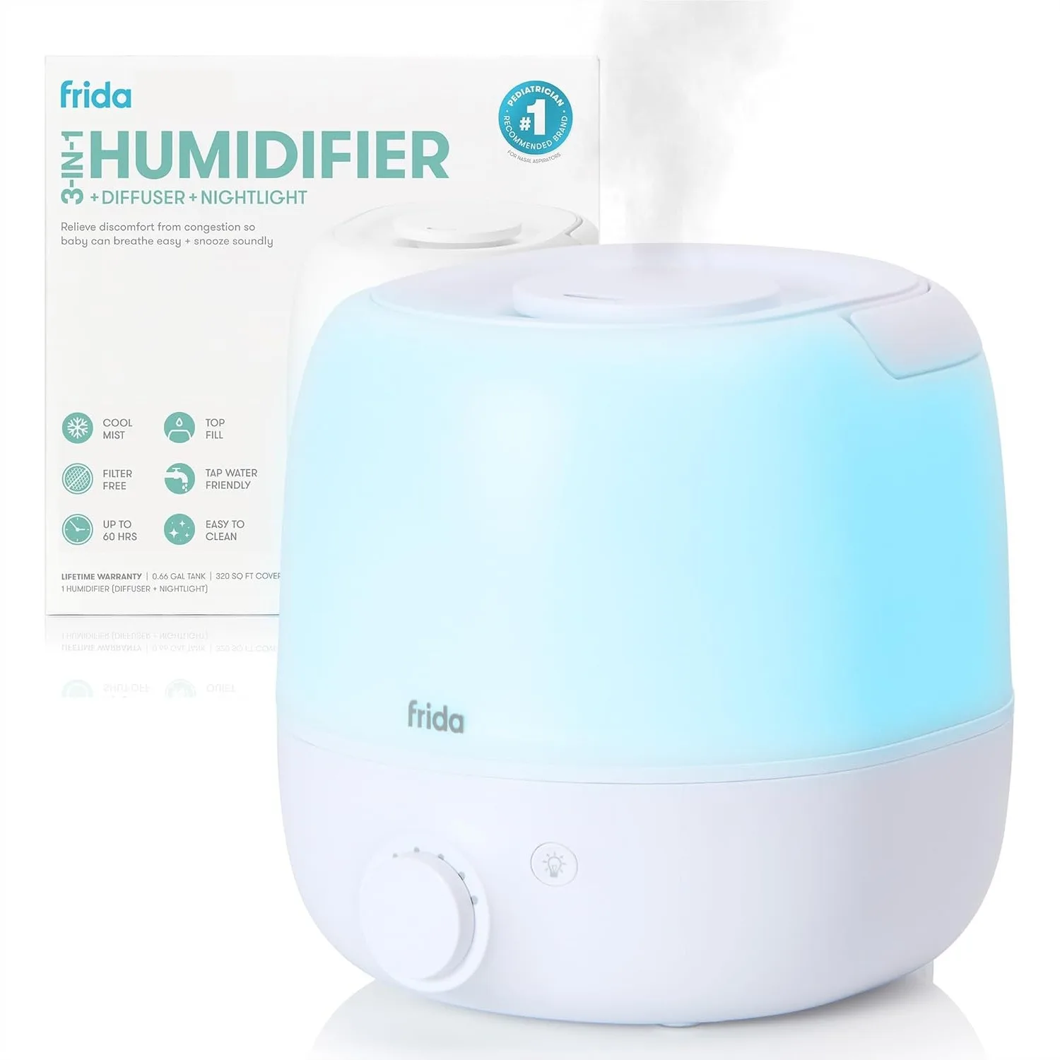 

Top Fill Cool Mist Humidifier for Large Rooms, 60H Runtime, Quiet, Auto Shut-Off, Nightlight, Essential Oil Diffuser