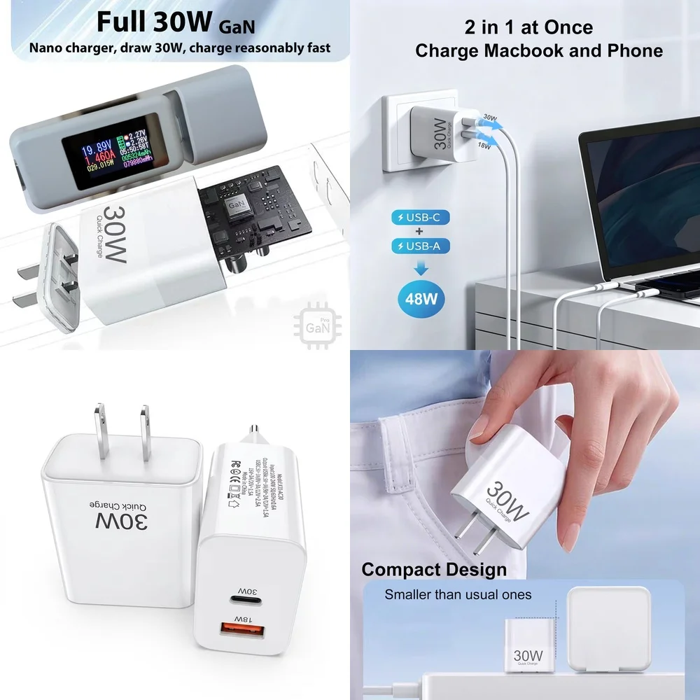 Stable 30W PD QC Fast Charger Power Adapter US EU Plug Dual Port for iPhone 17 16 15 Pro Max Samsung Galaxy S26 S25 S24 Plus