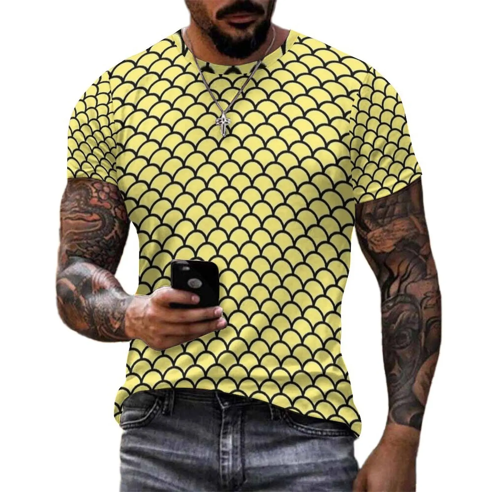 Yellow Black Outline Mermaid Scale T Shirt  EMO Casual T Shirts O Neck Vintage Tshirt Premium Men Graphic Tops Plus Size 6XL