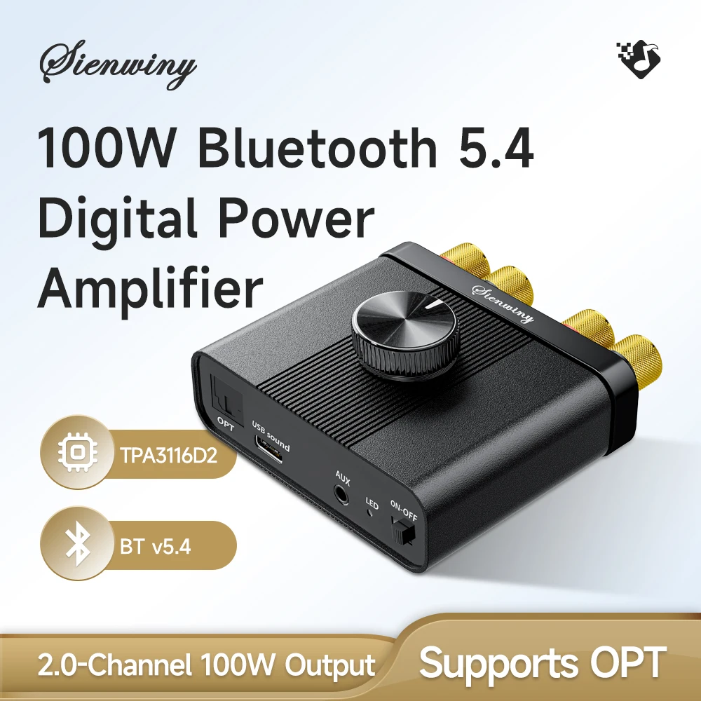 SIENWINY-782 YS-D100 100W Bluetooth 5.4 Digital Audio Amplifier, TPA3116D2 HiFi Stereo Power Amp, AUX USB OPT 2.0CH