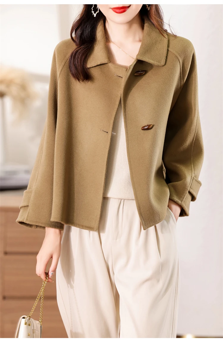 100% Merino Pure Wool Handmade Double-Sided Cloth Chic Coat Women's Short Oxhorn Button Heavy Coat High Street Elegant Top