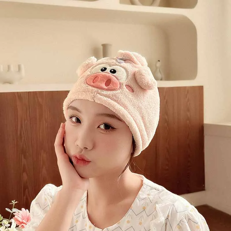 Cute Japanese Style Cartoon Little Pig Dry Hair Cap Magic Microfiber Coral Fleece Shower Cap Absorbent Quick Drying Towel