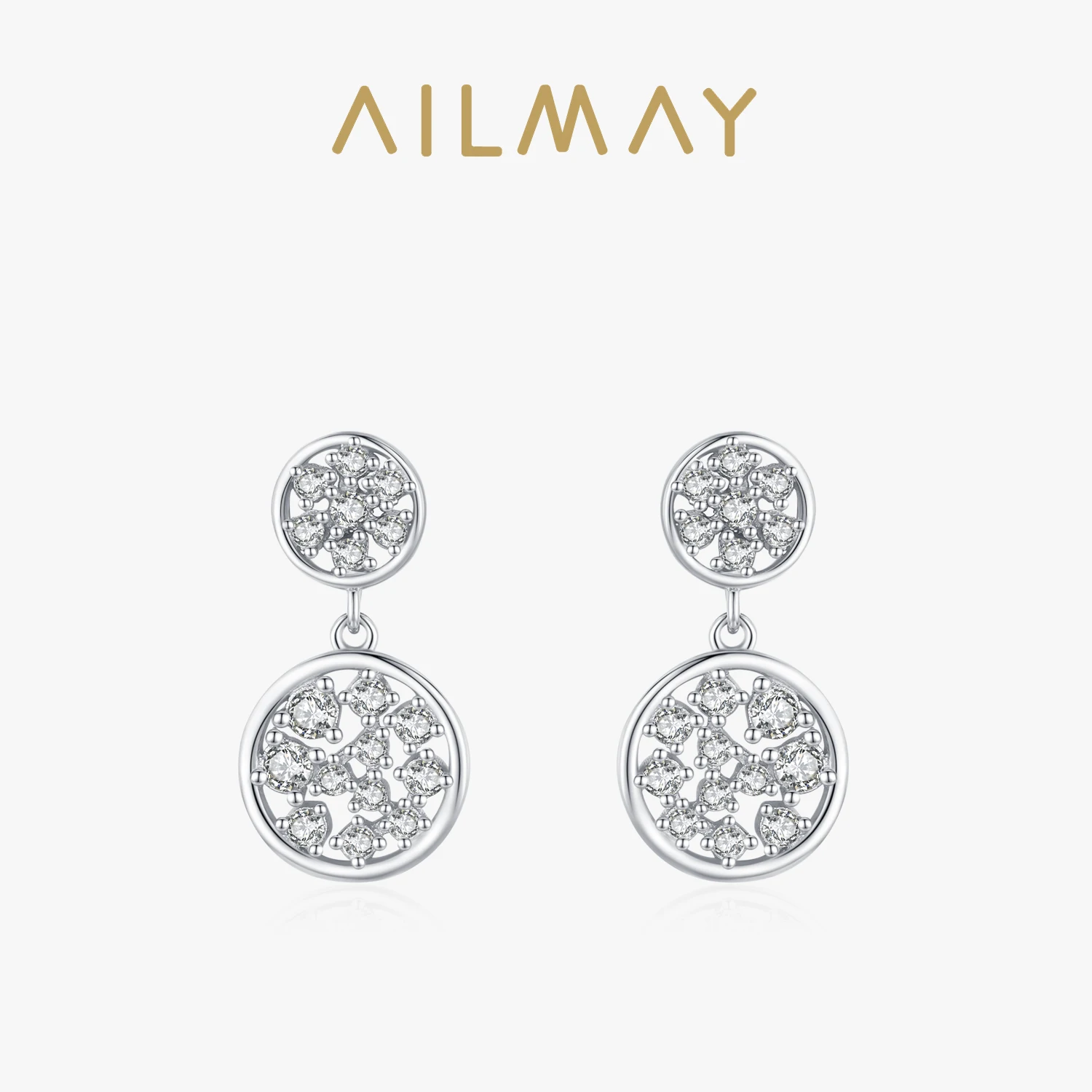 Ailmay Genuine 925 Sterling Silver Fashion Dazzling Clear CZ Round Drop Earrings Luxury Wedding Fine Jewelry For Women Gift